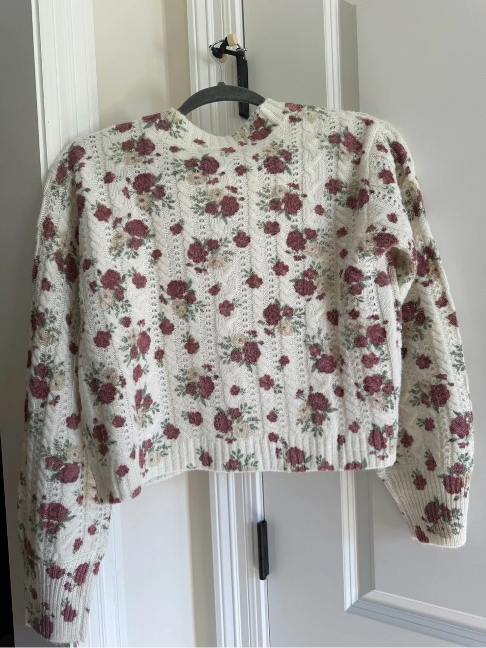 Francesca's Collections Cream Floral Knit Cardigan with Rose Accent - Picture 2 of 2